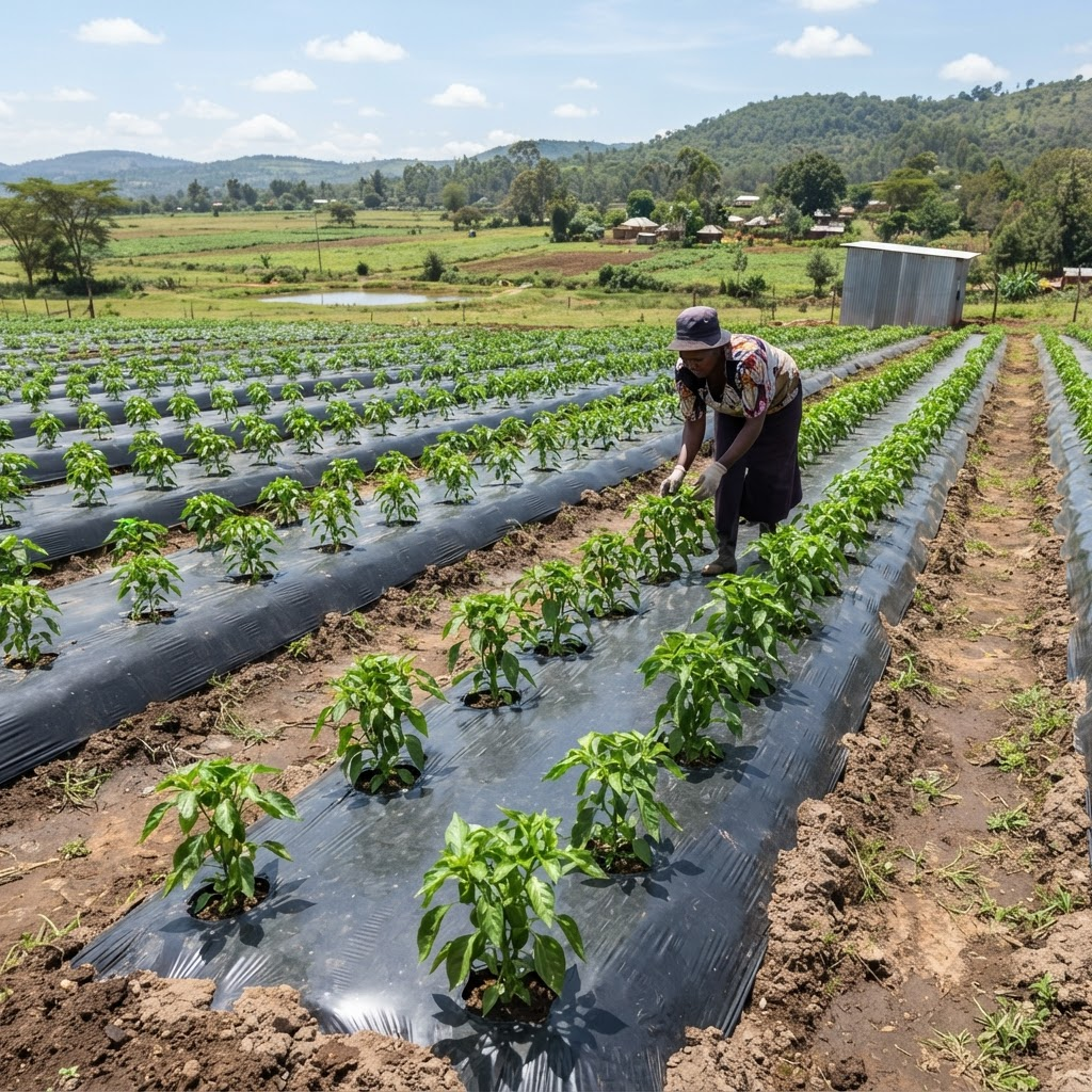 Crops growing through plastic mulch sheeting, supporting local agriculture