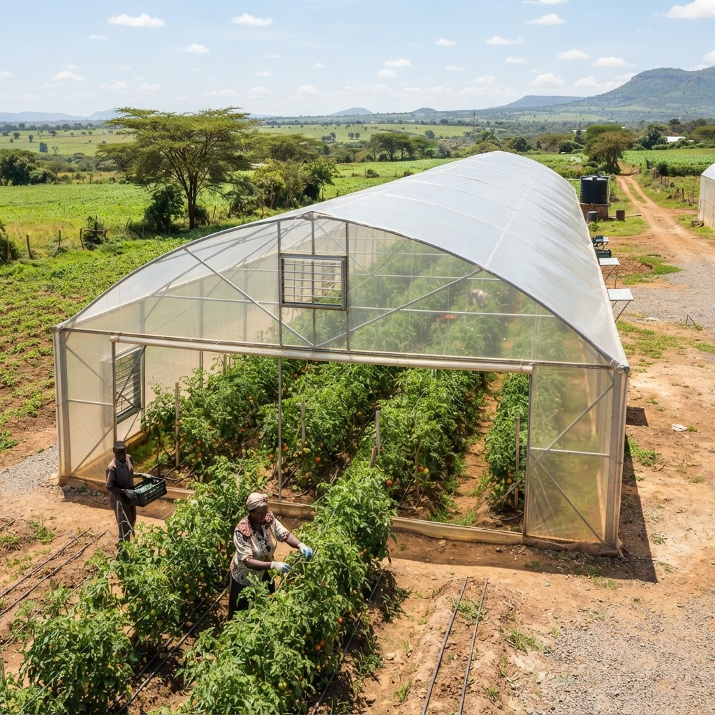 Greenhouse covered with plastic sheeting over rows of crops