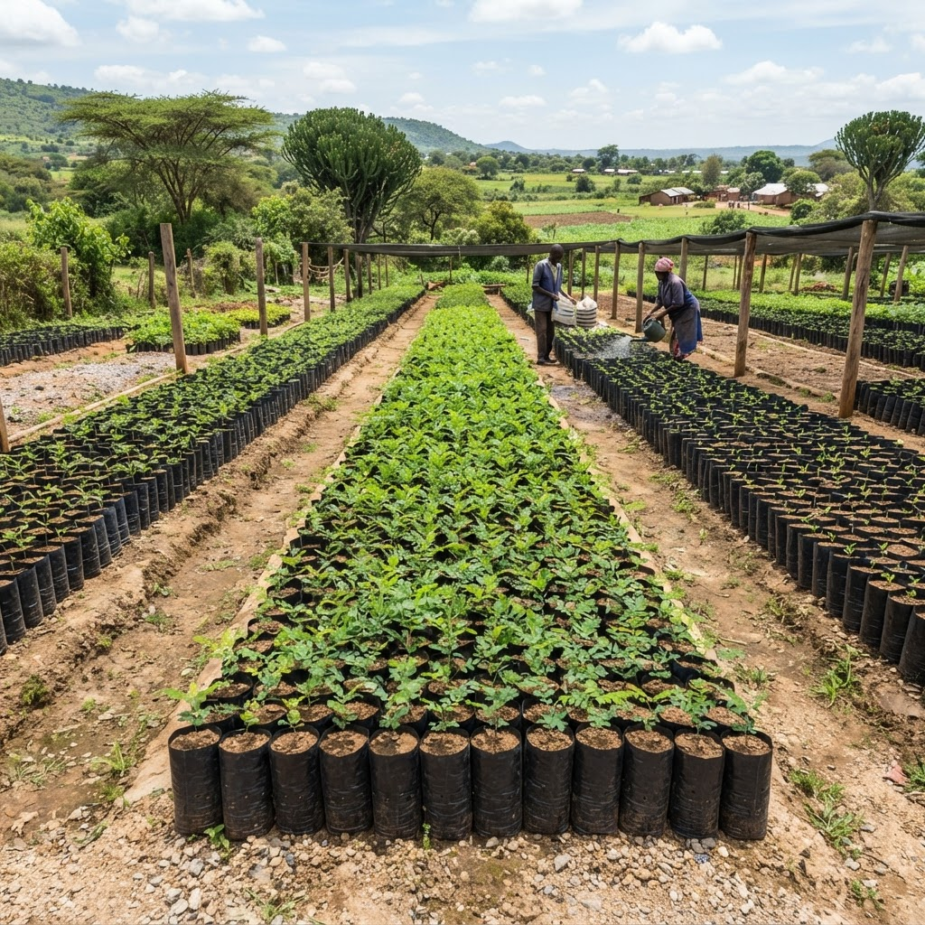 Rows of seedlings growing in black planting pockets at a nursery
